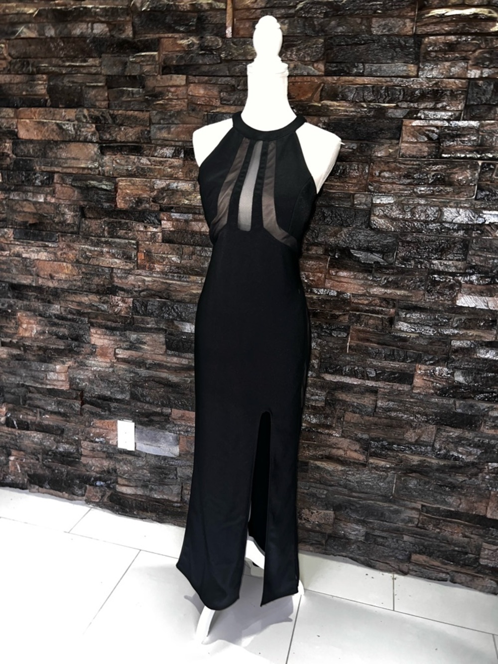 Emerald Sundae Black Halter Maxi Dress with Sheer Insets and Front Slit